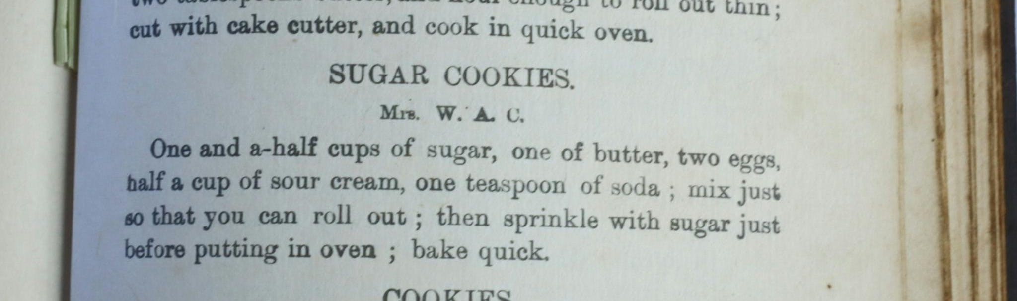 1877 recipe for sugar cookies in an old cookbook