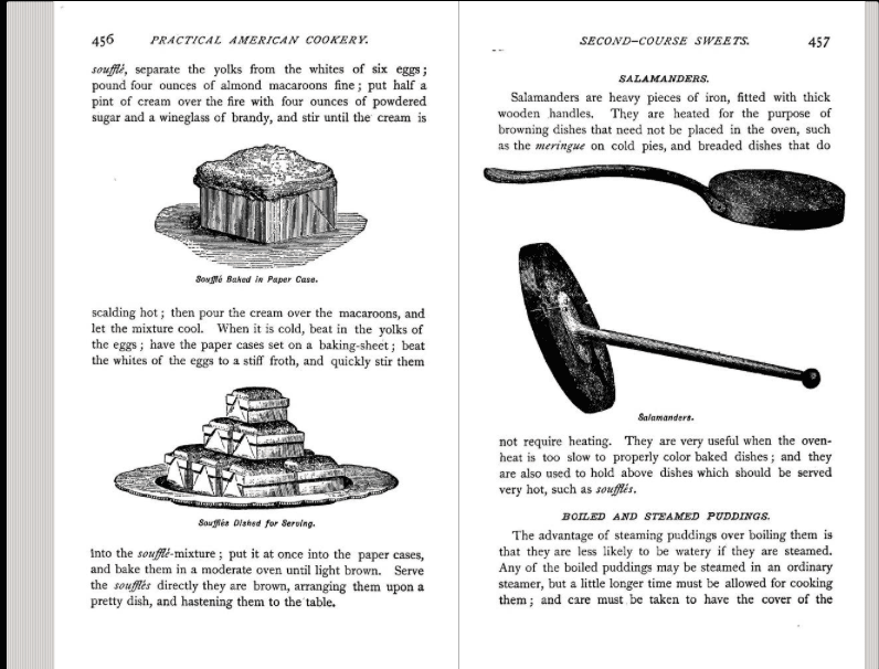 a page from Miss Corson's practical American cookery and household management which shows the use of a kitchen salamander