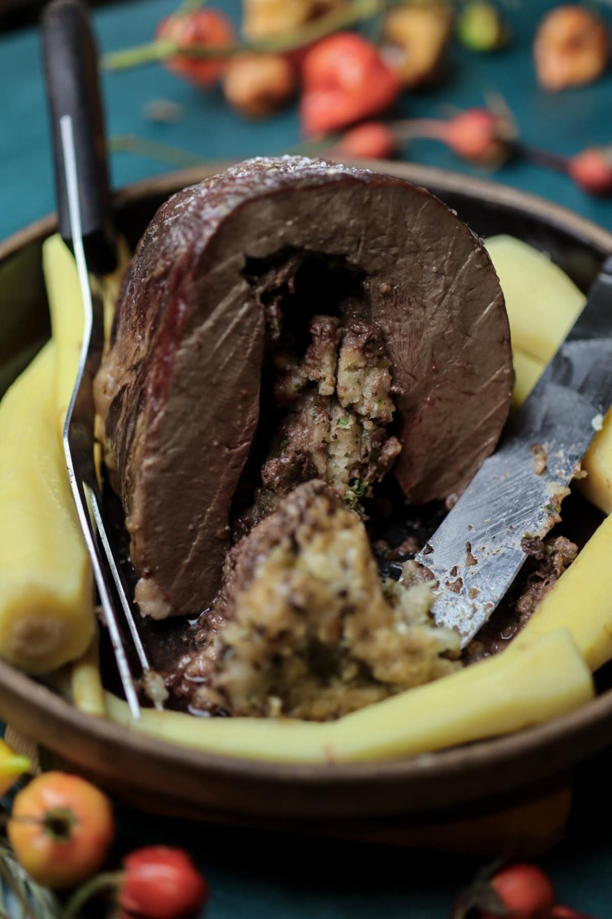 a baked stuffed beef heart