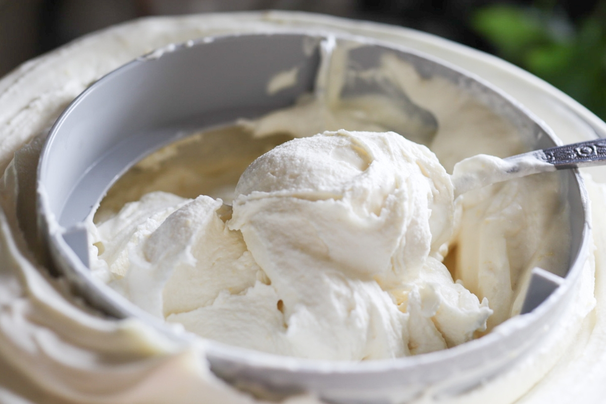 old fashioned vanilla ice cream in a churn
