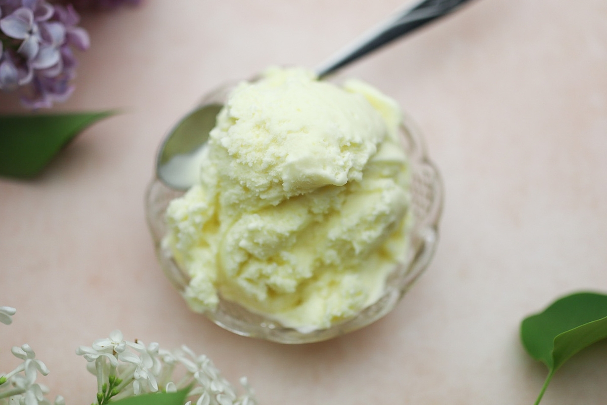 a dish of old fashioned vanilla ice cream