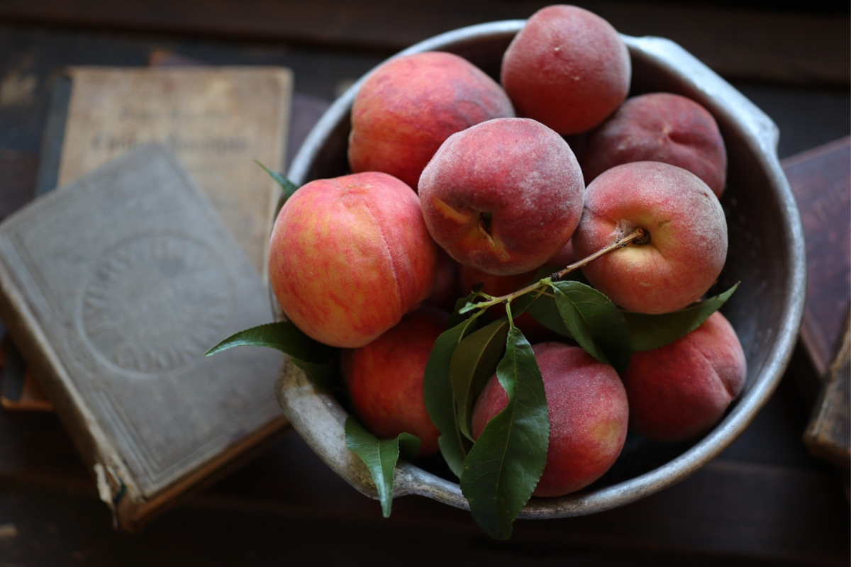 an old fashioned colander full of peaches