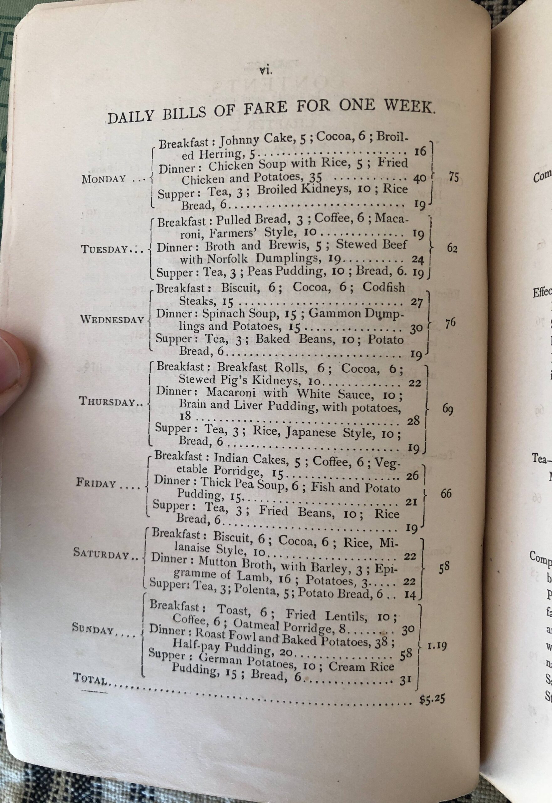 a weekly meal plan from 1885