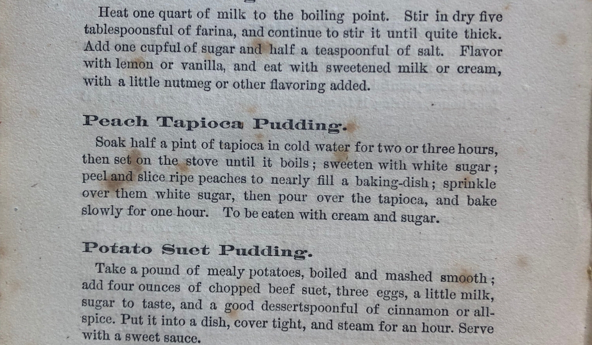 an 1876 recipe for peach tapioca pudding