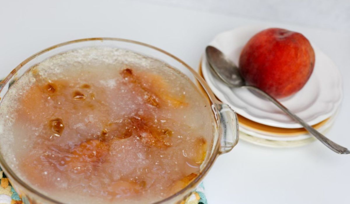 a dish of old fashioned peach tapioca pudding
