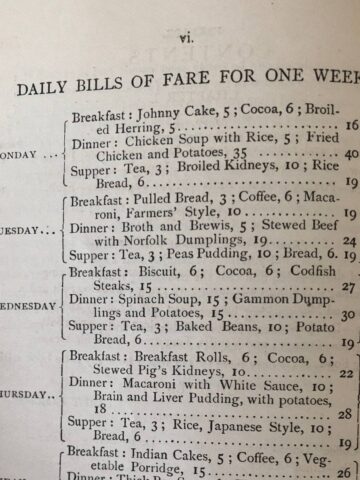 a weekly meal plan from 1885